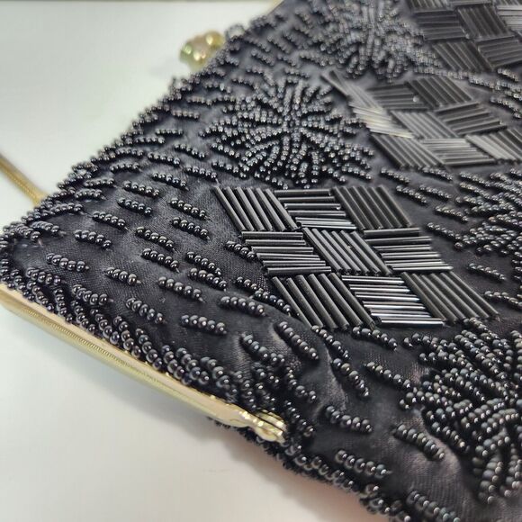 VTG Black Small Beaded Purse Womens Handbag 1920s Flapper‎ Gir Made In Hong Kong - Picture 12 of 16